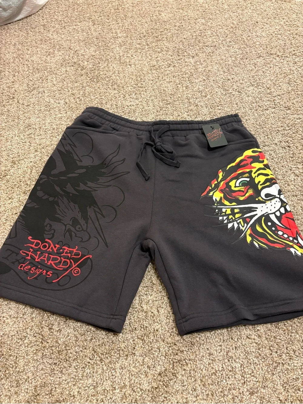 Ed Hardy Black Shorts with Vibrant Tiger Face and Script
